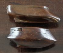 A 19th century mahogany boat shaped snuff box, together with a similar shaped snuff box, 5in.