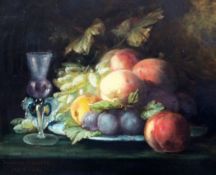 H. Brumner-Lacosteoil on wooden panel,Still life of fruit in a Venetian glass on a table,signed