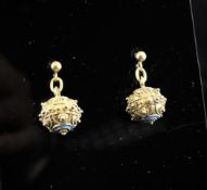 A pair of Victorian gold cannetile work and blue enamel spherical earrings. Starting Price: £160