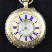 A continental 14k gold and pink guilloche enamel keyless half hunter fob watch, with chased case and