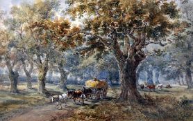 Henry Earp Snr (1831-1914)watercolour,Harvest cart and cattle in woodland,signed,13 x 20.5in.