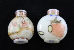 Two Chinese enamelled opaque white glass snuff bottles, both with Qianlong marks but later, the