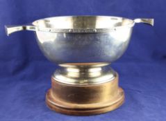 A 1990`s silver horse racing presentation bowl, modelled as a quaich, with inscription relating to