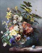§ Barbara Shaw (b.1924)oil on wooden panel,Still life of flowers in a glass vase and a bird`s egg on