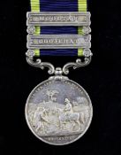 An 1849 Punjab medal with Mooltan and Goojerat clasps to Private Hoosain Bux Scinde, Camel B.C.