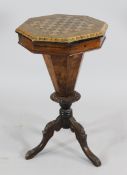 A Victorian walnut trumpet shaped work table, with marquetry inlay and parquetry inlaid chess
