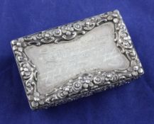 An early Victorian silver snuff box, by Nathaniel Mills, of rectangular form, with bombe shaped base