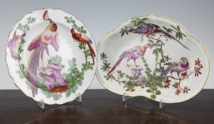 A Chelsea plate and a shaped dessert dish, c.1756-60, both painted with fantastical birds, the plate