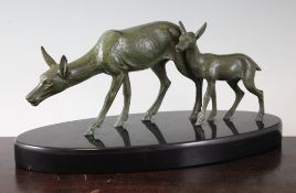 Bousquet. An Art Deco patinated bronze figural group of a deer and fawn, on a polished black slate