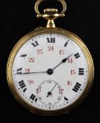 An early 20th century continental 18ct gold keyless lever dress pocket watch, with engraved