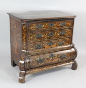 An 18th century Dutch walnut and marquetry inlaid bombe chest, with four graduated drawers, W.3ft