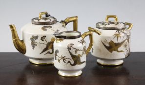 A Royal Worcester bone china Aesthetic period three piece bachelor`s tea set, date code for 1883,