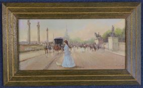 Lucia Sarto (b.1950)oil on canvasboard,Figures on the promenade,signed,6.75 x 14in. Starting