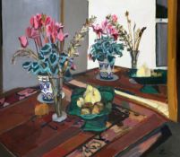 § Ben Levene (1938-2010)oil on canvas,`Cyclamen still life reverse mirror image`,signed,32 x 38in.