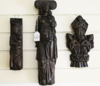 A 17th century oak jamb, carved as a figure of Justice, 18.5in., together with another similar