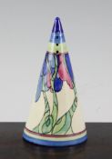 A Clarice Cliff `Blue Trees` pattern conical sugar caster, printed facsimile signature, Bizarre