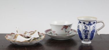 Two Chinese tea bowls, two saucers and a cup, 18th / early 20th century, comprising a Yongzheng