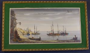 Jorge Aguilaroil on canvas,Fishing boats off the coast,signed,18 x 36in. Starting Price: £160