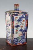 A Japanese Imari sake flask (Tokkuri) c.1700, of square slightly tapering form, painted with