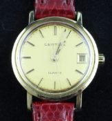 A lady`s 14ct gold Certina quartz wrist watch, with baton numerals, date aperture and case back