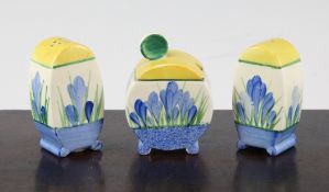 A Clarice Cliff `Spring Crocus` Bonjour shape three piece cruet set, the mustard pot only with