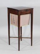 A 19th century mahogany work table, with brass inlay and pleated silk cotton holder, W.1ft 2in.