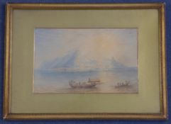 19th century English Schoolwatercolour,Native canoes paddling off of Hawaii or Tahiti,8 x 13in.