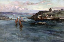 Joseph Milne (1857-1911)oil on canvas,Fishing boats off the coast,signed,12 x 18in.