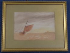 Jean Le Capelain (1814-1848)watercolour,Fishing boat in a fresh breeze,10.5 x 15in.