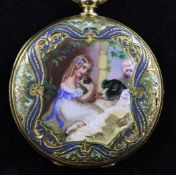An early 20th century Swiss gold and enamelled fob watch, with Roman dial and decorated with