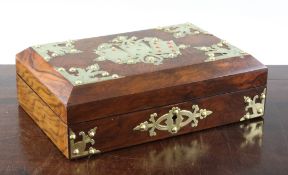 A late Victorian burr walnut and brass mounted playing card box, 10.5in.