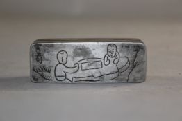 Three Chinese white metal ink boxes, late 19th / early 20th century, two engraved with figures to
