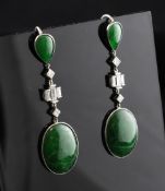 A pair of 18ct white gold, jadeite and diamond drop earrings, set with cabochon and teardrop