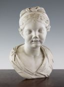 A 19th century carved carrara marble bust of a girl, some damages, 14in.