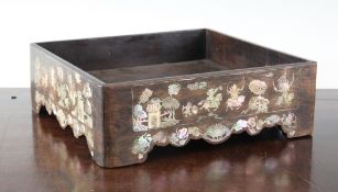 A Chinese rosewood and mother of pearl inlaid square stand, late 19th century, the frieze