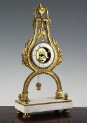 A 19th century French Directoire ormolu lyre shaped mantel timepiece, with skeleton type frame,