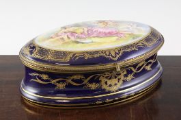 A Sevres style oval box and cover, early 20th century, the cover painted with a reclining lady and