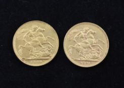 Two late Victorian gold sovereigns, 1891 & 1900.