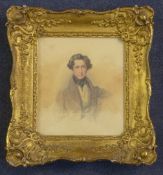 Mid 19th century English Schoolwatercolour,Portrait of a young man,7 x 6in.