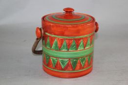 A Clarice Cliff `Early Geometric` pattern biscuit barrel, facsimile signature mark, 5.5in.