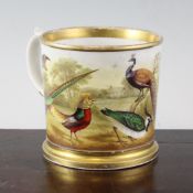 A Derby ornithological porter mug, c.1800, finely painted with a peacock and game birds in a