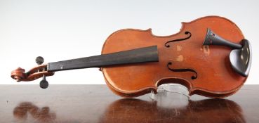 A violin with two piece back, bearing Stradavarius label, in case with broken bow