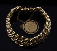 An 18ct gold double curb link bracelet, with safety chain hung with mounted George V gold half