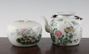 A Chinese famille rose teapot and a similar covered jar, late 19th century, the fluted globular