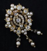 A Victorian gold, diamond and split pearl cluster drop pendant brooch, of oval foliate form, set