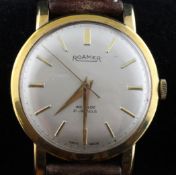 A gentleman`s 9ct gold Roamer automatic wrist watch, with baton numerals.