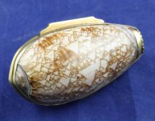 A late 18th/early 19th century Scottish? gold mounted cowrie shell snuff box, with hinged lid and