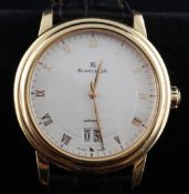 A gentleman`s modern 18ct gold Blancpain automatic wrist watch, with Roman dial and date
