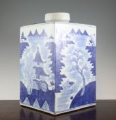 A large Chinese blue and white square jar, possibly 18th century, painted with figures in river