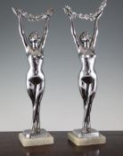 A pair of Art Deco chrome plated spelter figures, of female nudes, signed Limousin, 17in.